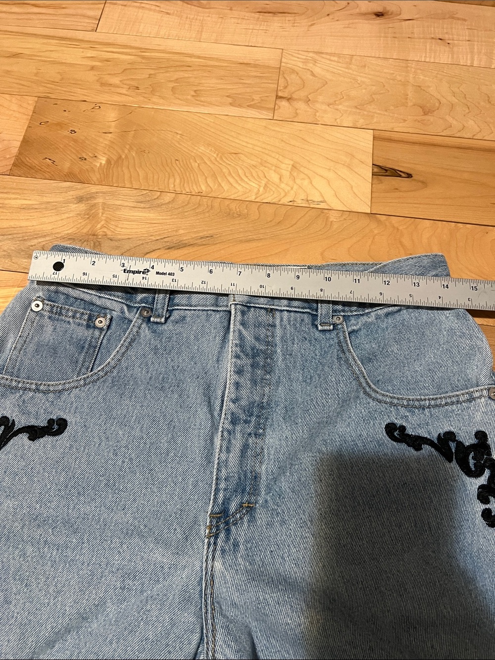 Vintage Light Blue Straight-Leg Jeans with Black Embroidered Detail - Picture 6 of 13
